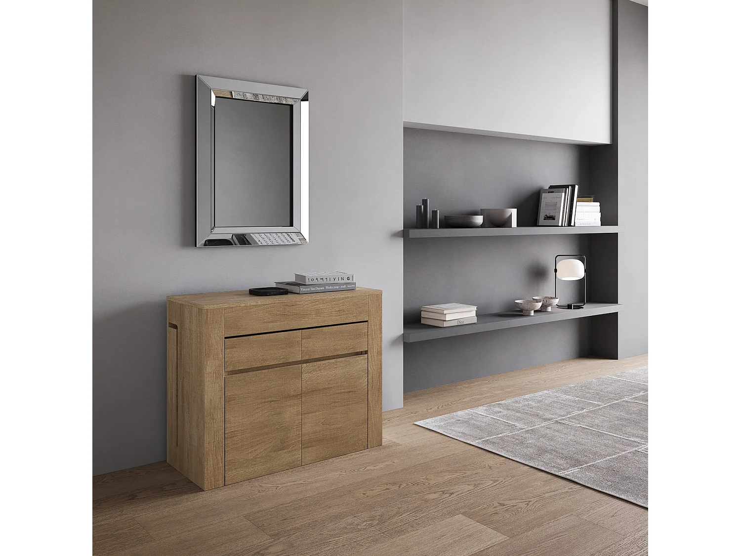 Console extensible 90x42/302 cm Evolve Chêne Nature rallonges internes avec bancs inférieur et supérieur
