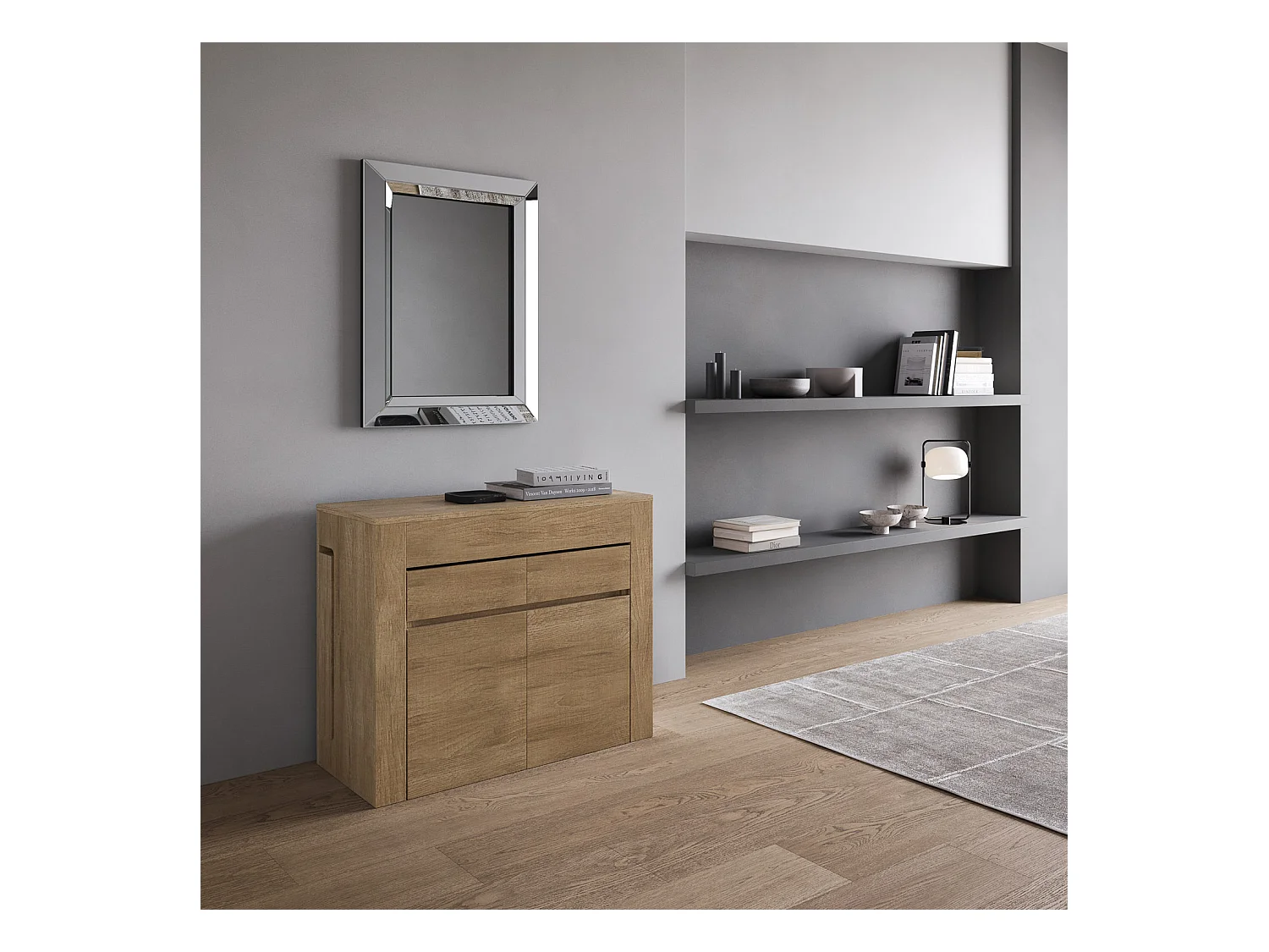 Console extensible 90x42/302 cm Evolve Chêne Nature rallonges internes avec bancs inférieur et supérieur