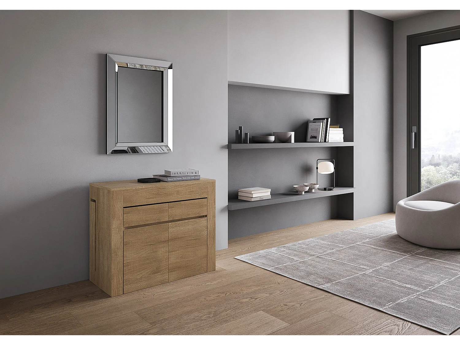 Consola extensible 90x42/302 cm Evolve Roble Nature con banco inferior y superior