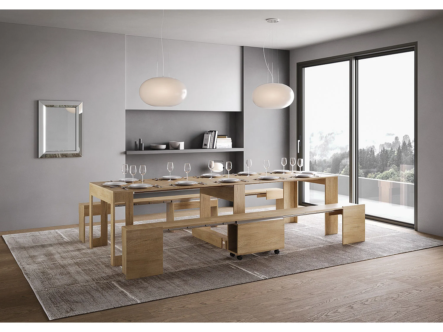 Consola extensible 90x42/302 cm Evolve Roble Nature con banco inferior y superior