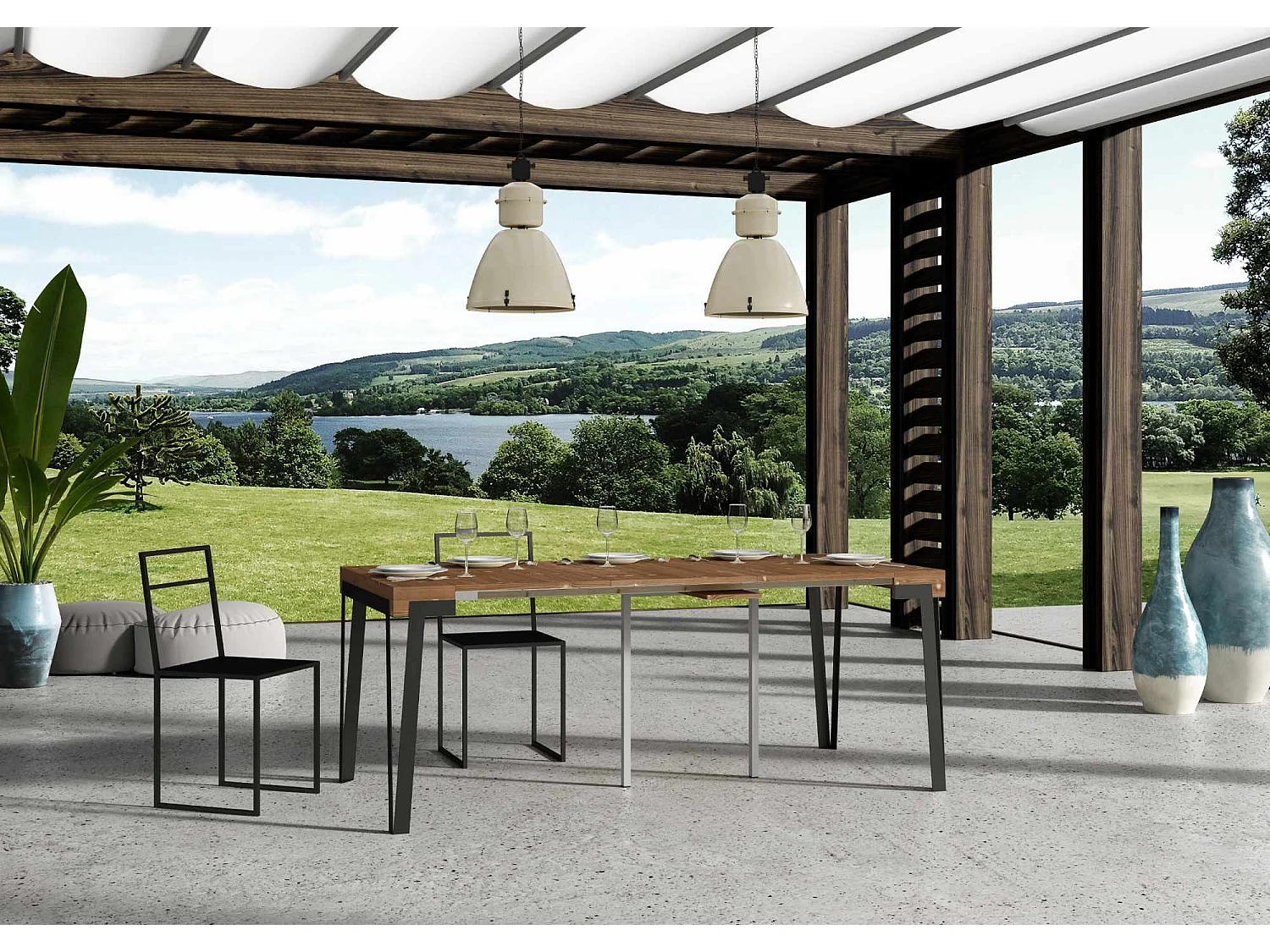 Ausziehbare Konsole 90x40/290 cm Rio Tinto Fir mit Rostrahmen