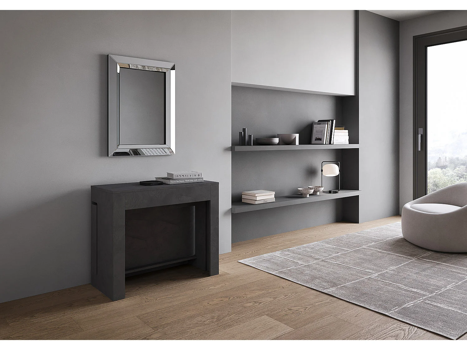 Console extensible 90x42/302 cm Evolve anthracite spatulé rallonges internes