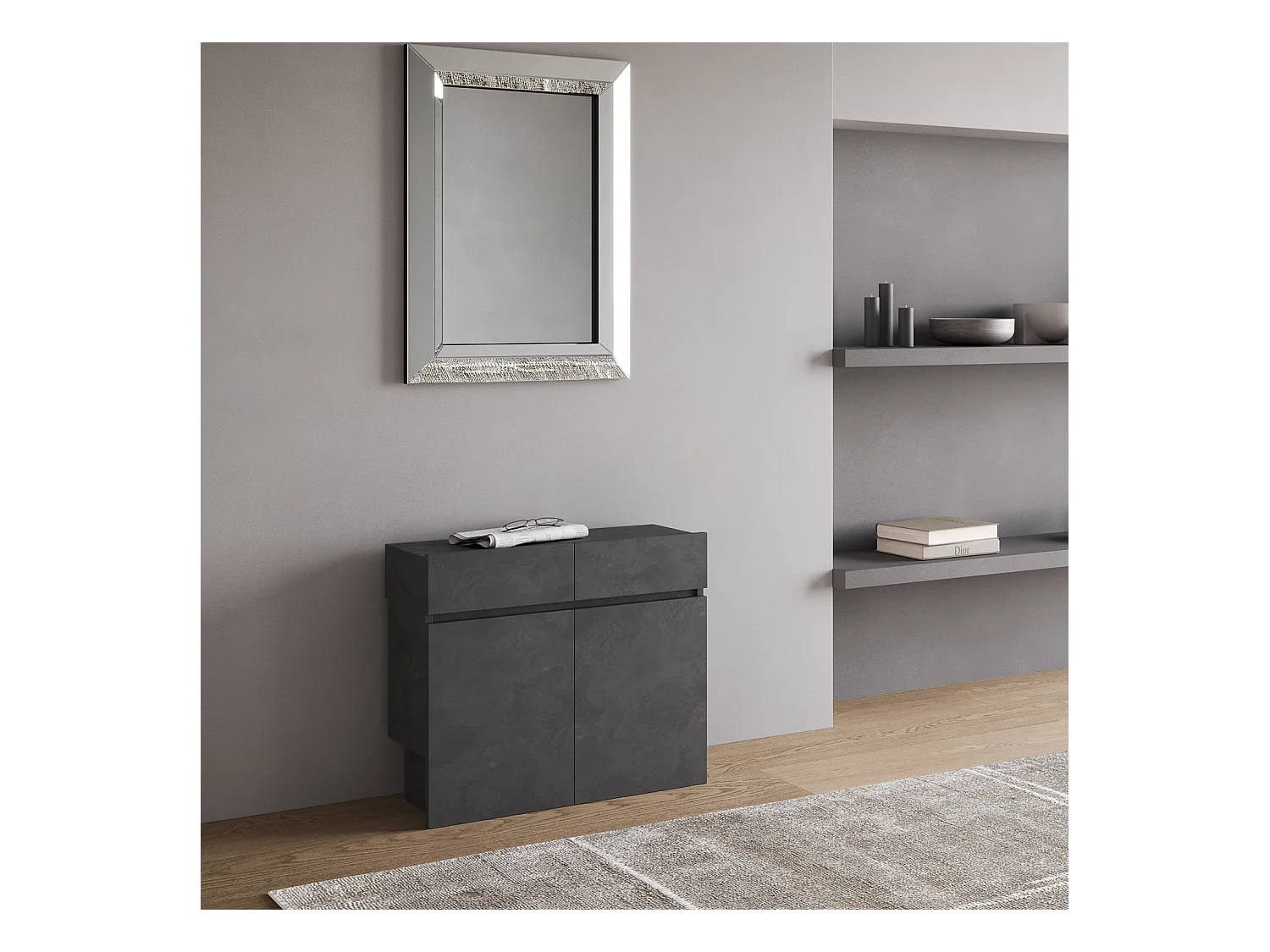 Banco Kalius de madera con ruedas extensible hasta 300 cm - Juego de 2-Color Gris antracita