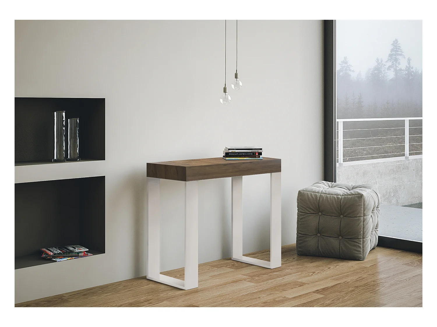 Console Extensible 90x40/196 cm Tecno Small Gris Béton cadre Blanc