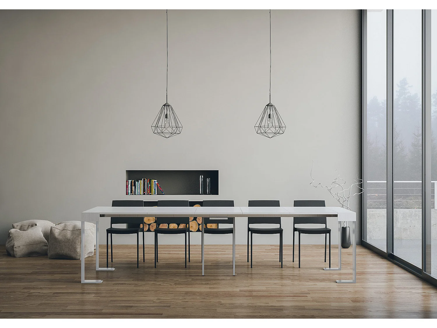 Uitschuifbare console 90x40/300 cm Tecno Bianco Ash met Wit frame