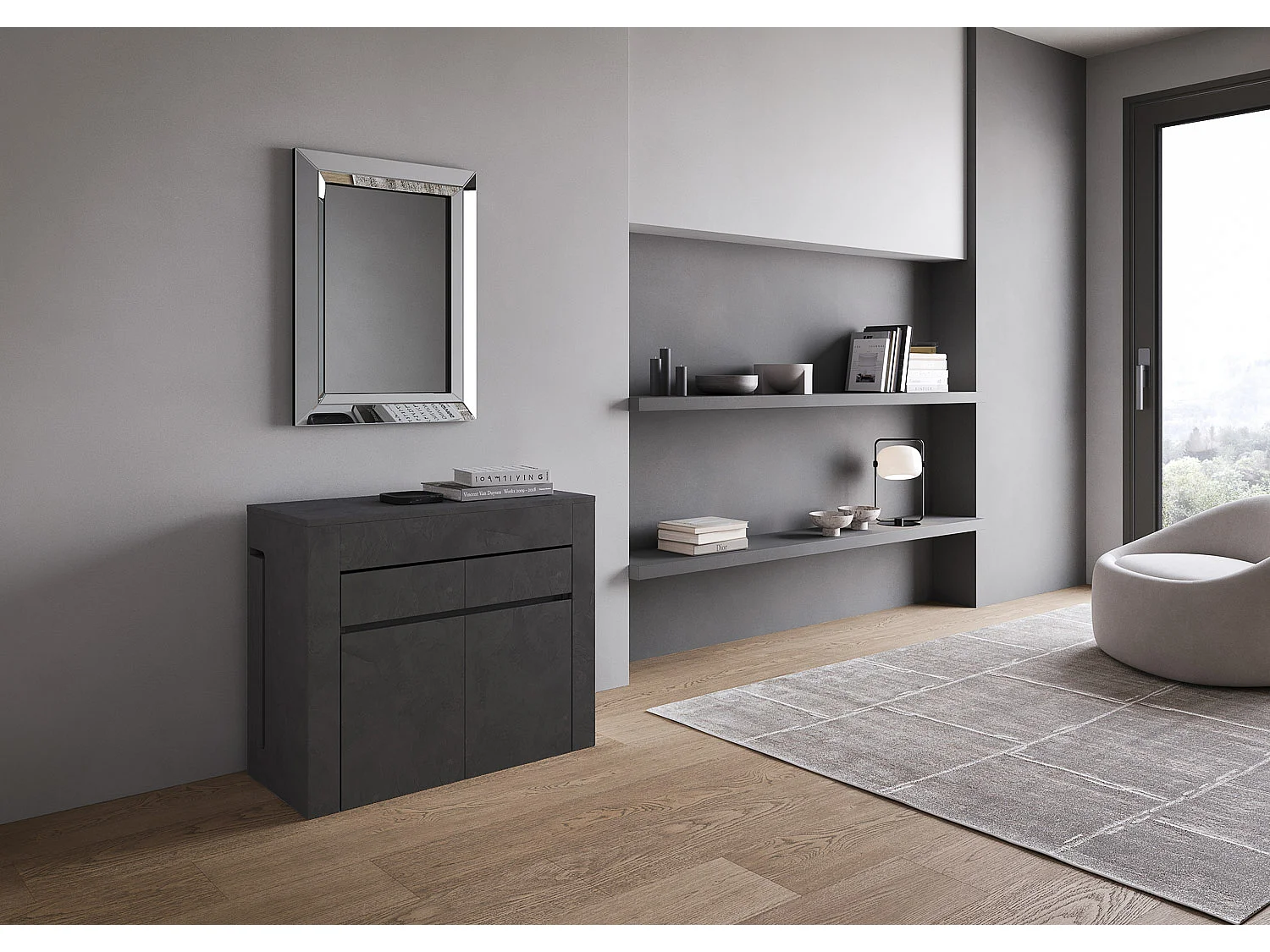 Mesa consola extensível 90x42/302 cm Evolve Antracite Espatulado com banco inferior e superior