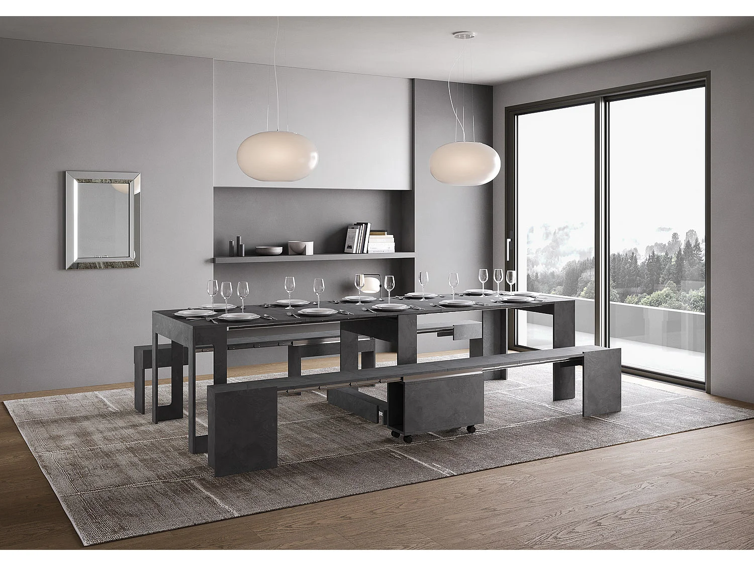 Mesa consola extensível 90x42/302 cm Evolve Antracite Espatulado com banco inferior e superior