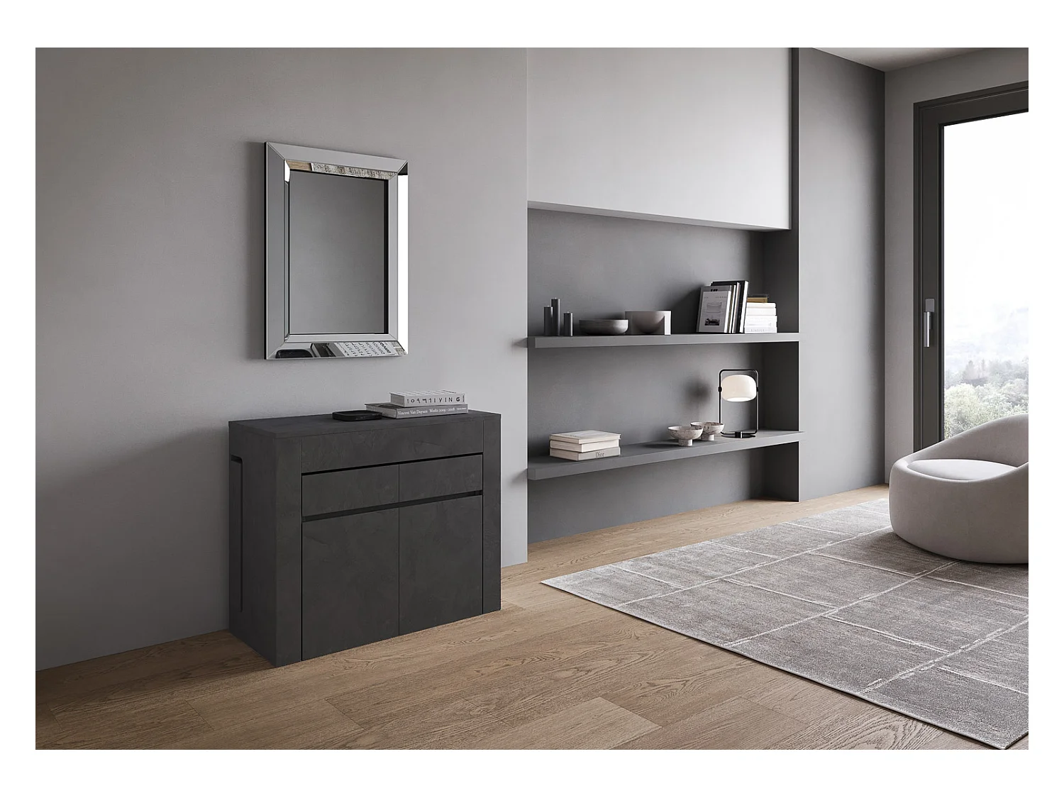 Ausziehbare Konsole 90x42/302 cm Evolve Antracite Spatolato mit unterer und oberer Bank