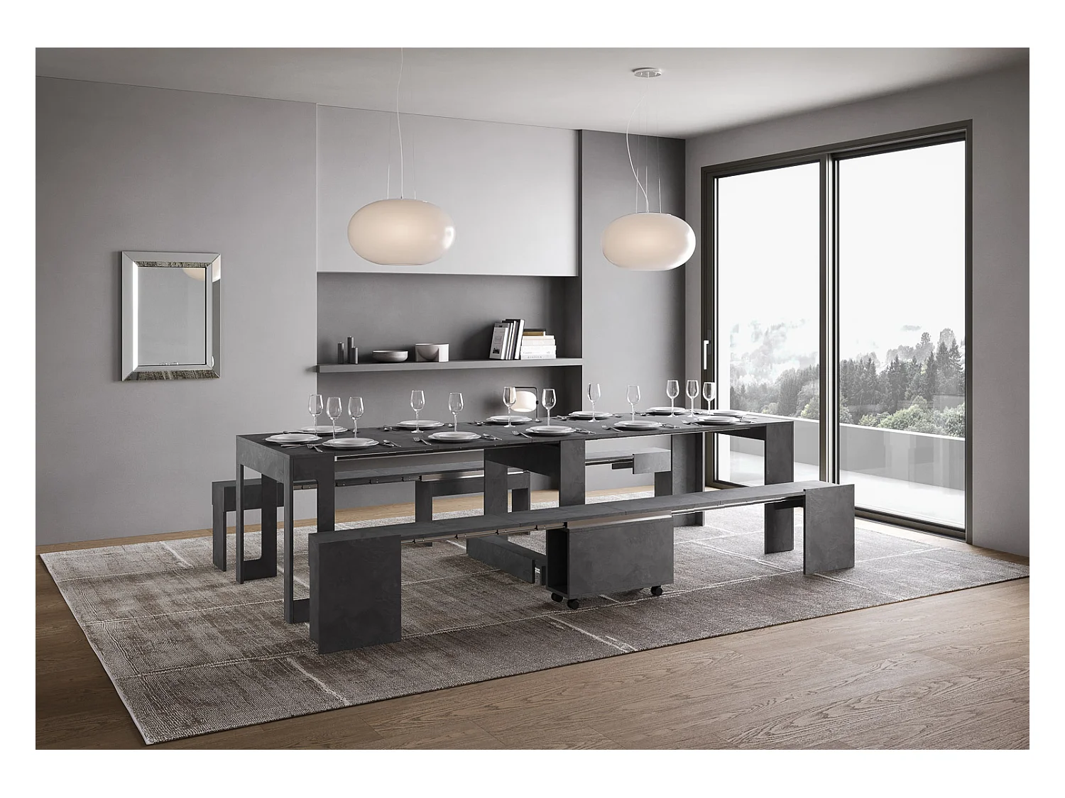 Ausziehbare Konsole 90x42/302 cm Evolve Antracite Spatolato mit unterer und oberer Bank