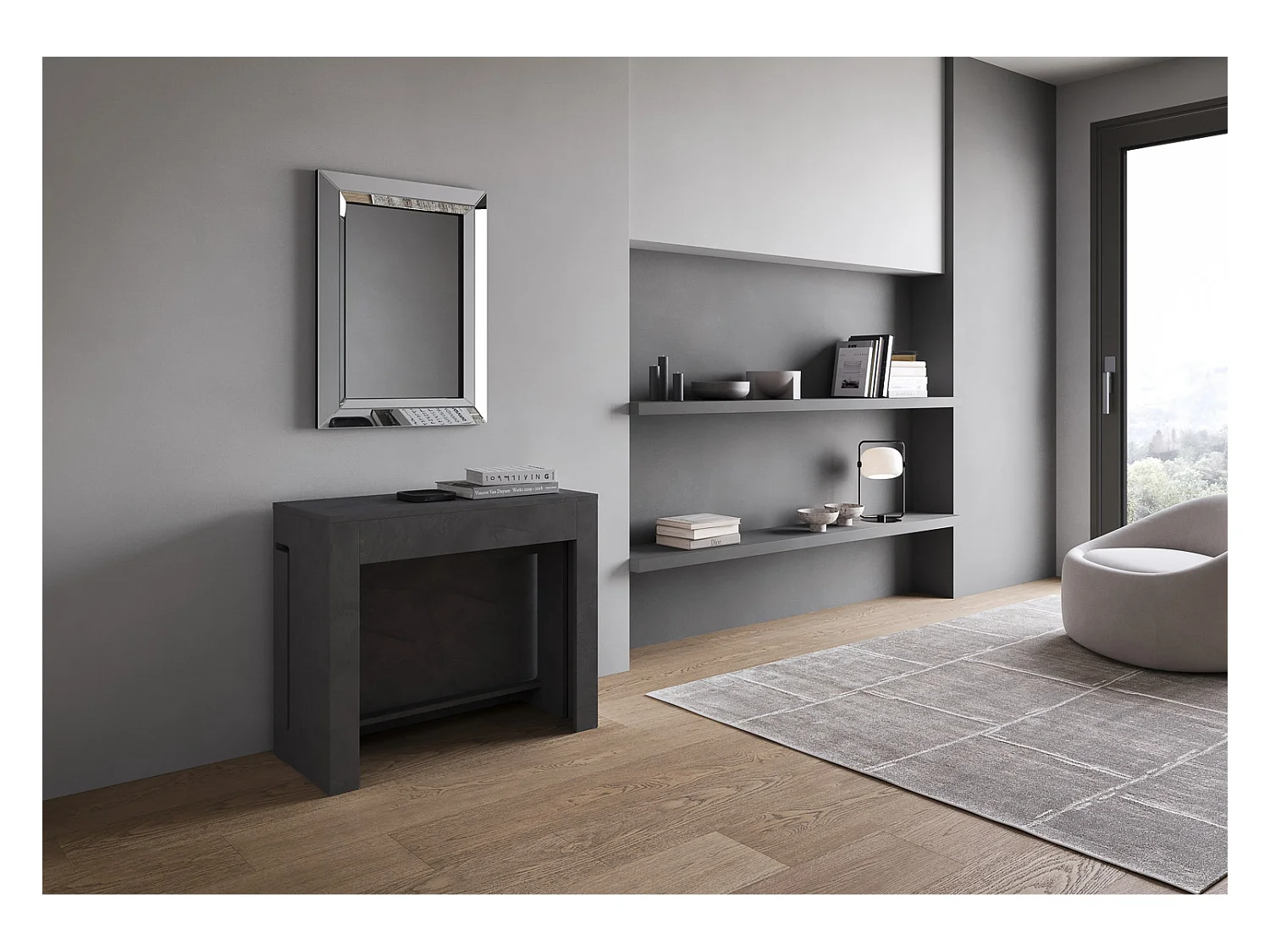 Ausziehbare Konsole 90x42/302 cm Evolve Antracite Spatolato mit unterer und oberer Bank