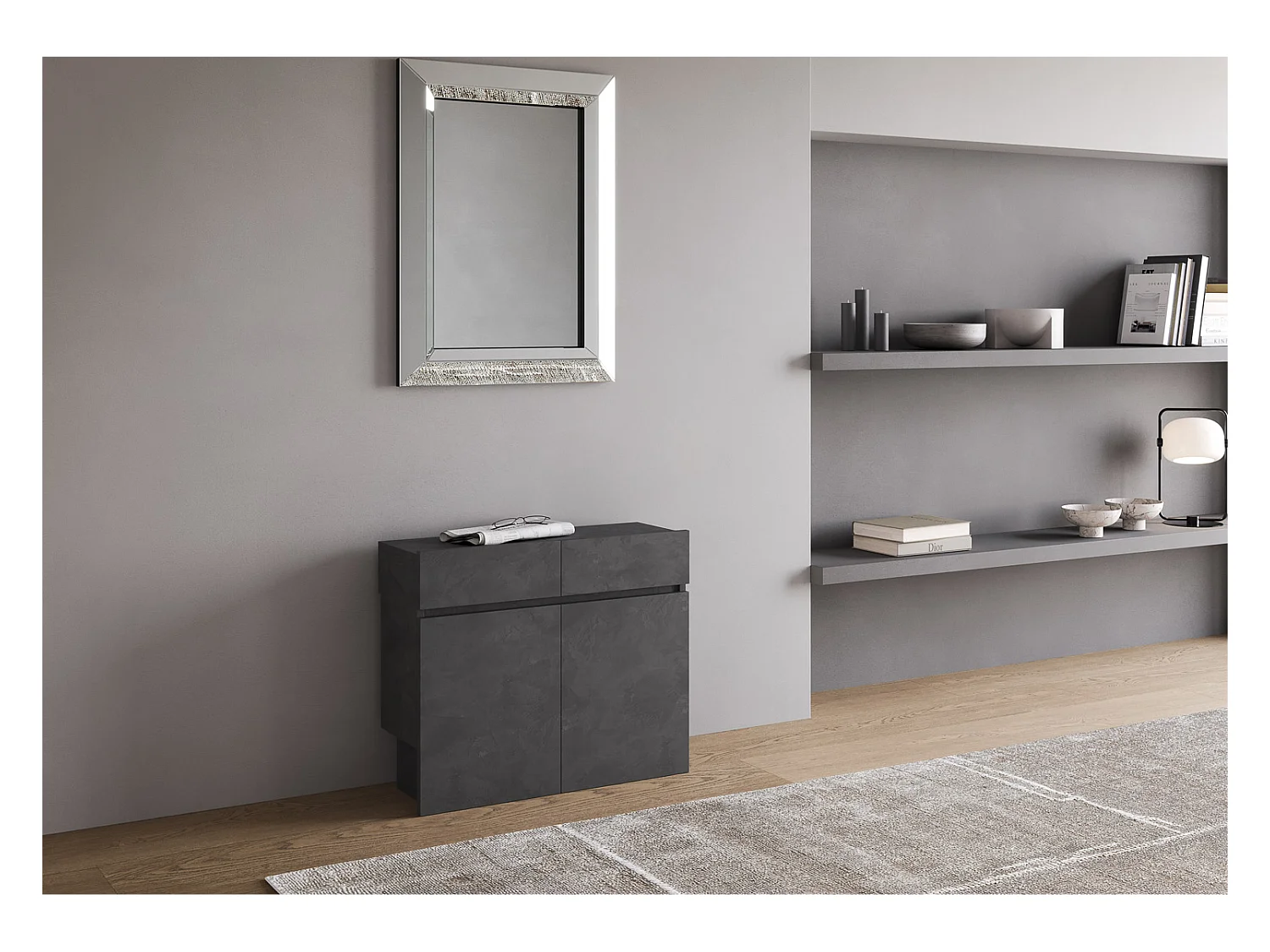 Ausziehbare Konsole 90x42/302 cm Evolve Antracite Spatolato mit unterer und oberer Bank