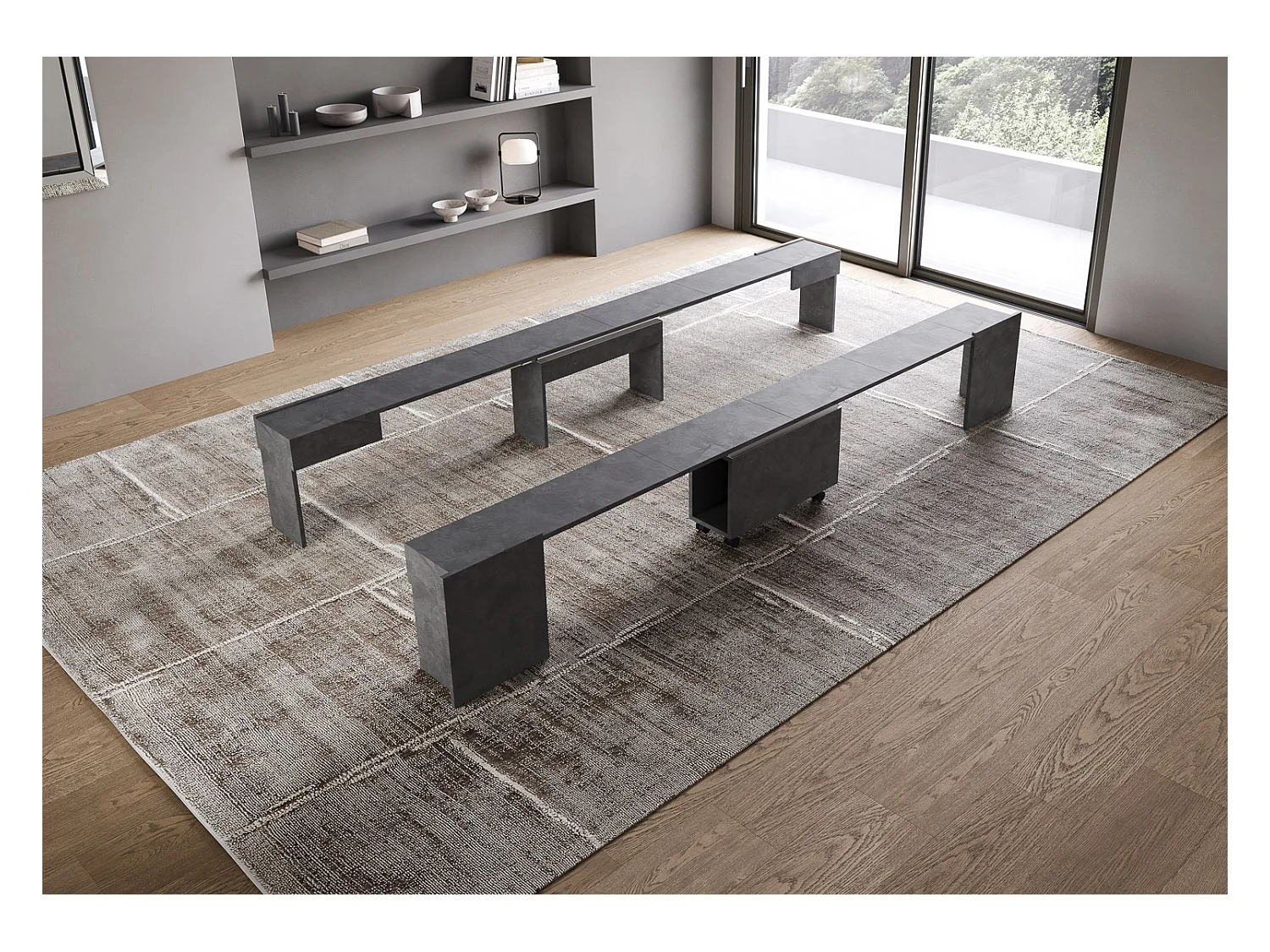 Ausziehbare Konsole 90x42/302 cm Evolve Antracite Spatolato mit unterer und oberer Bank