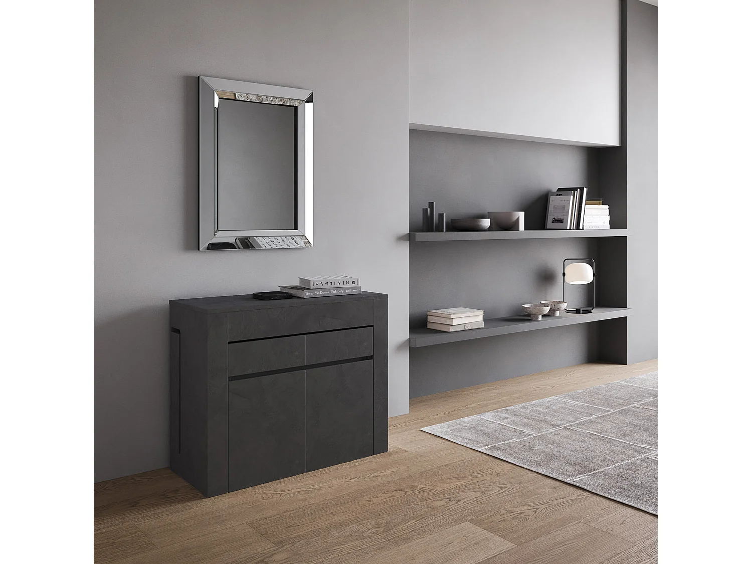 Console extensible 90x42/302 cm Evolve anthracite spatulé rallonges internes avec bancs inférieur et supérieur