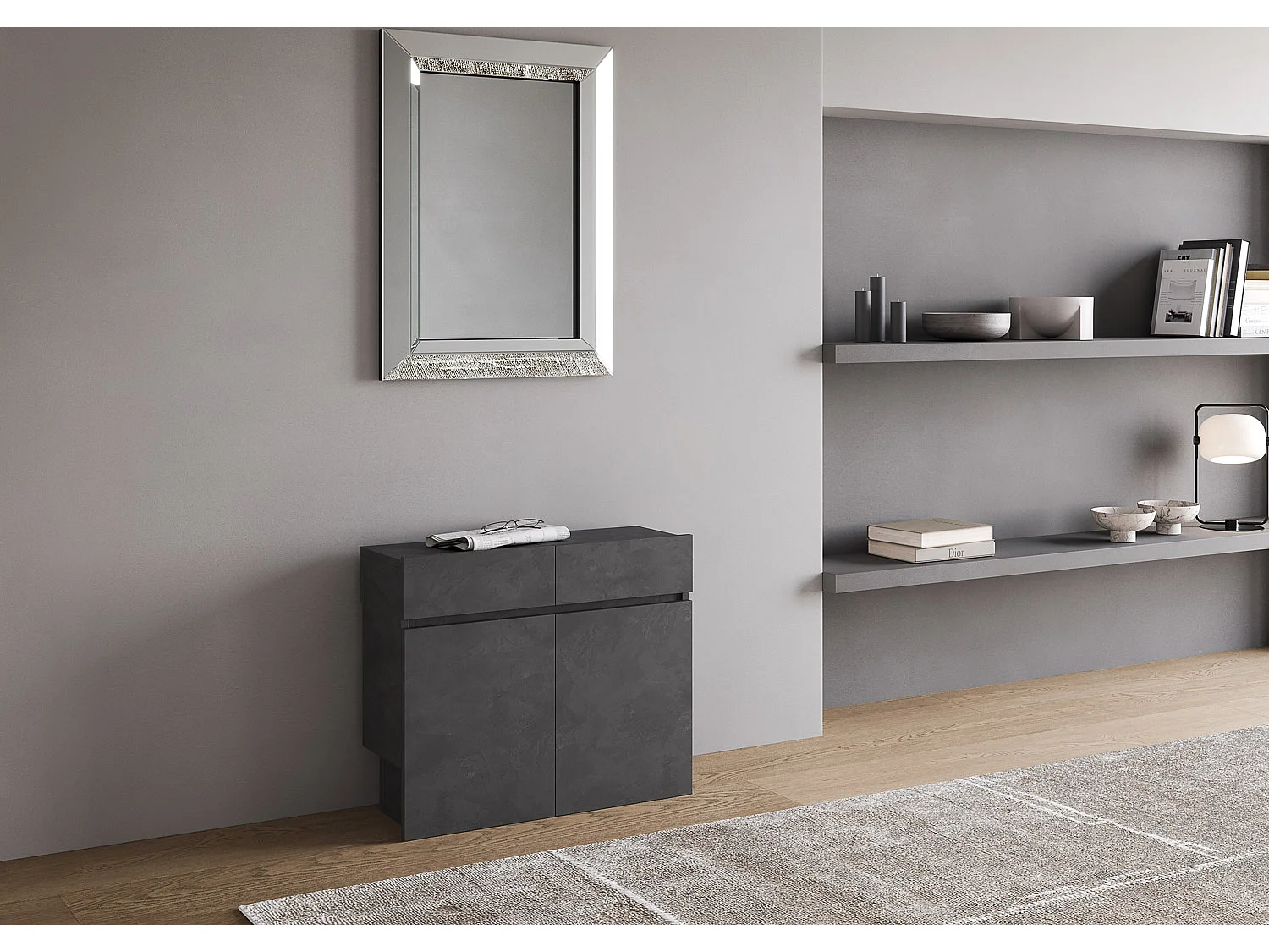 Console extensible 90x42/302 cm Evolve anthracite spatulé rallonges internes avec bancs inférieur et supérieur