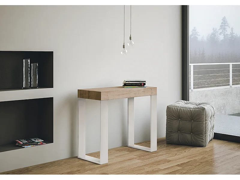 Console Extensible 90x40/196 cm Tecno Small chêne nature pieds blancs