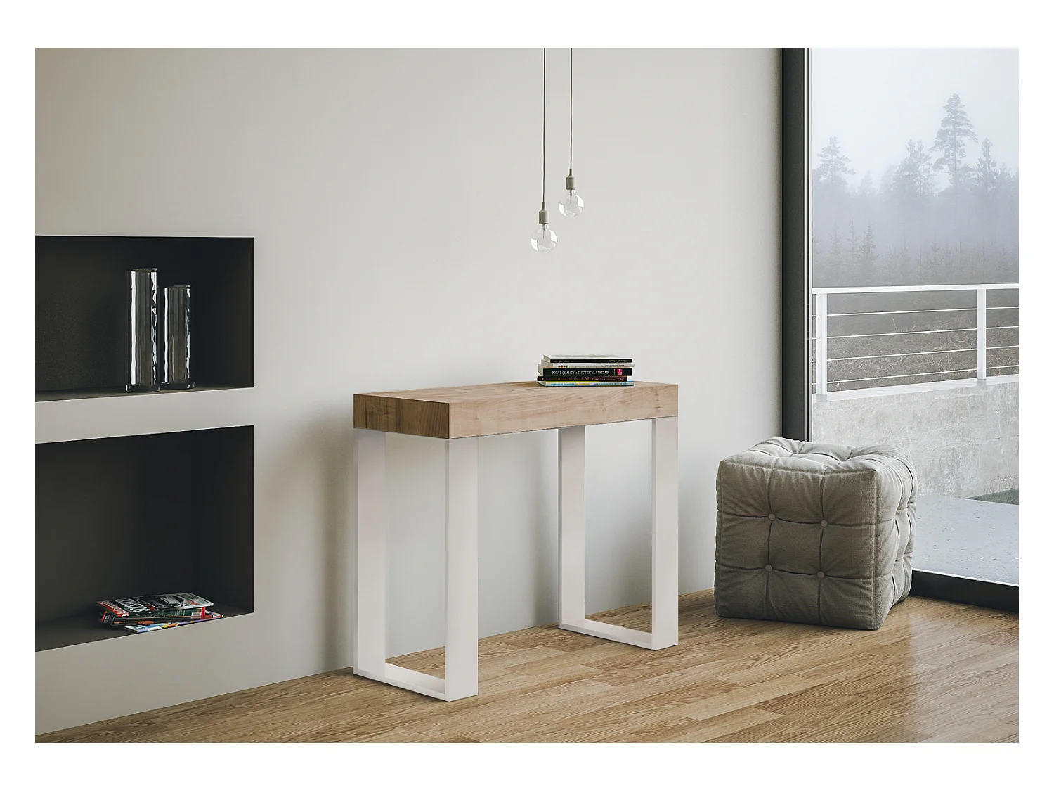 Console Extensible 90x40/196 cm Tecno Small Chêne Nature cadre Blanc