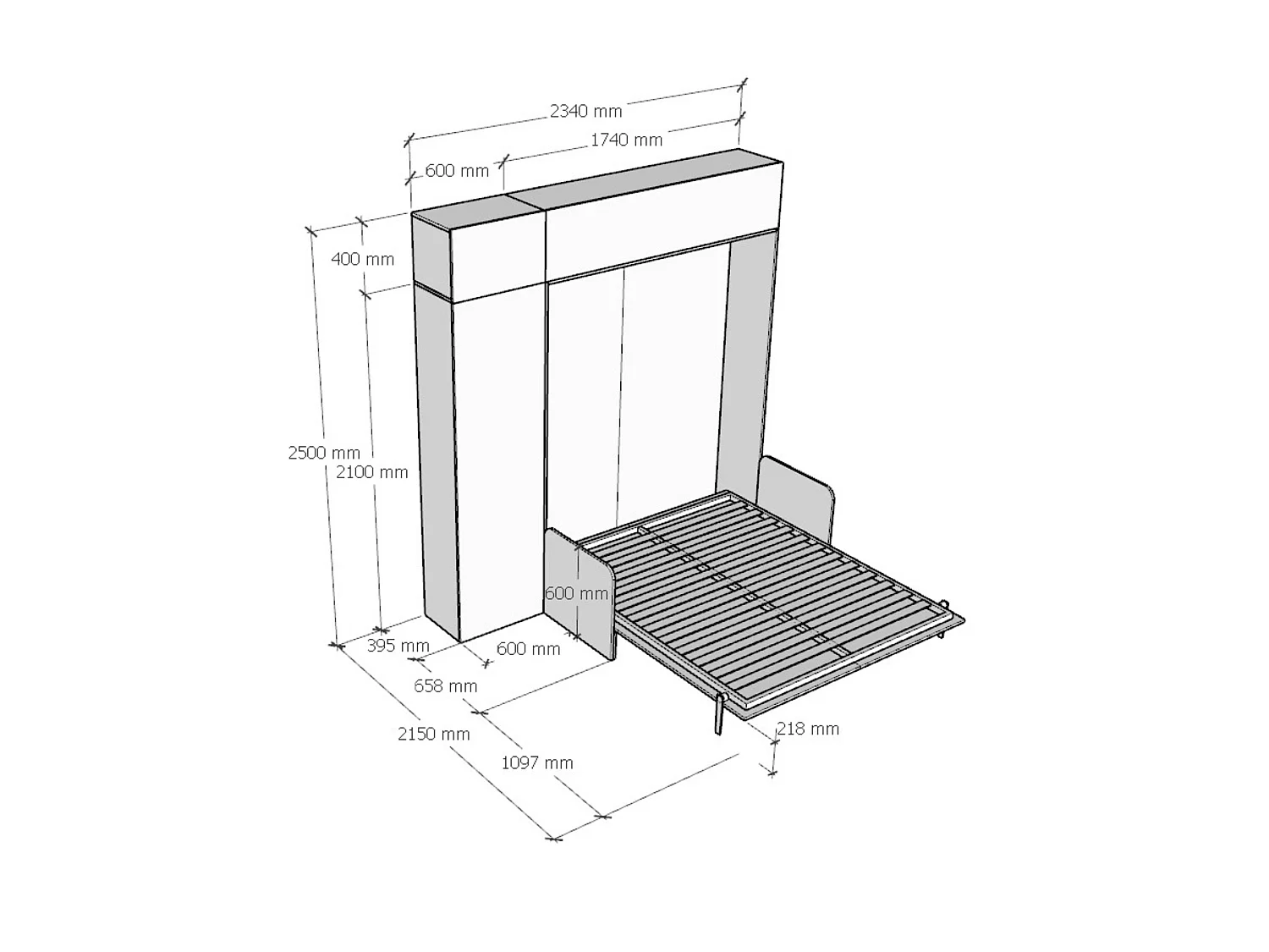 Lit double Sofà Kentaro Frêne Blanc avec colonne meuble haut meuble au dessus de la colonne