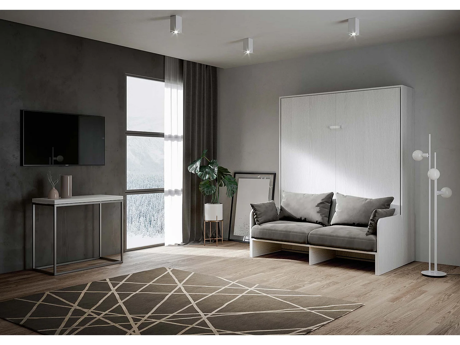 Cama de casal Sofà Kentaro dobrável vertical Branco Cinza