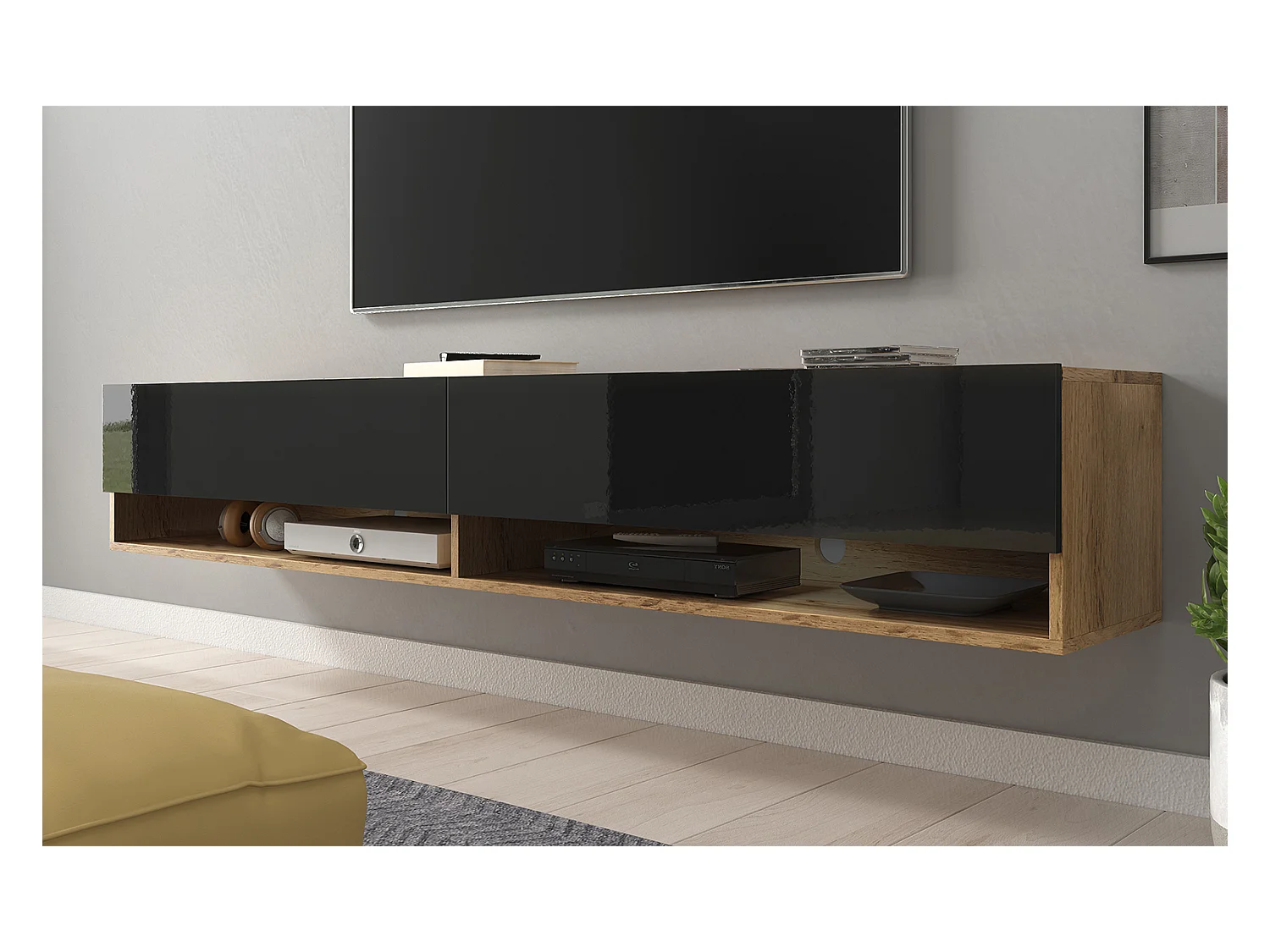 Meuble TV - 180 cm - chêne wotan/noir brillant - avec LED - WANDER
