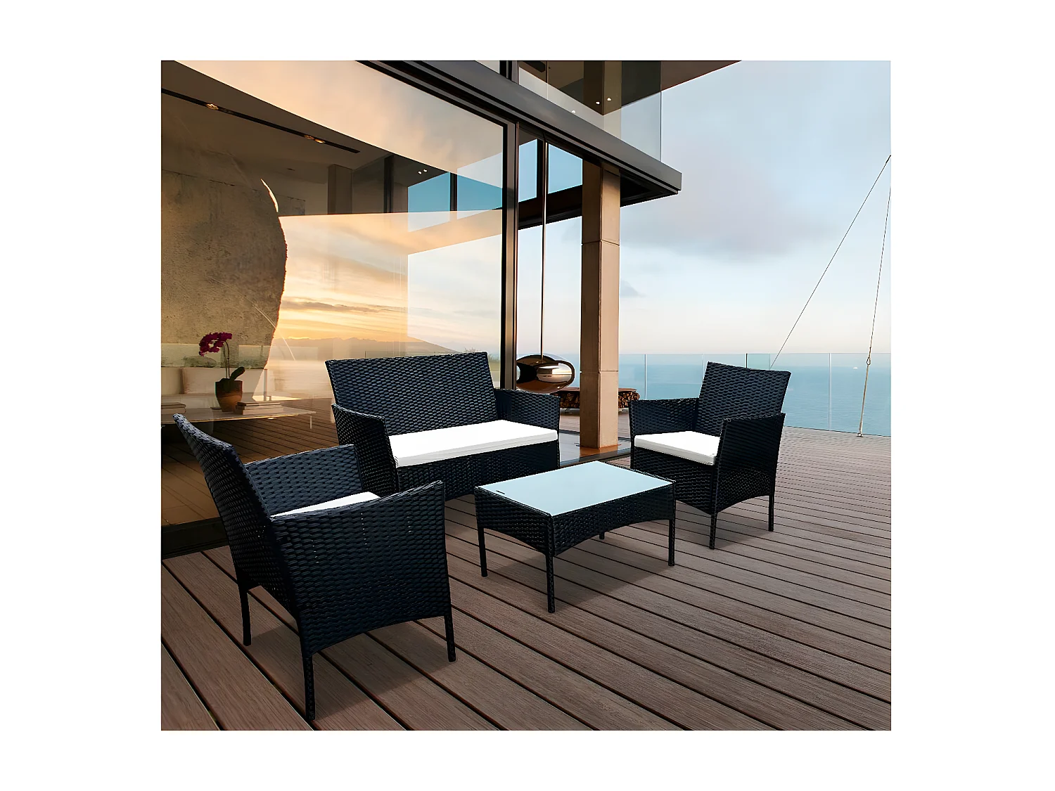 Conjunto de jardim "Toronto" em resina trançada preta de 4 lugares com mesa de vidro