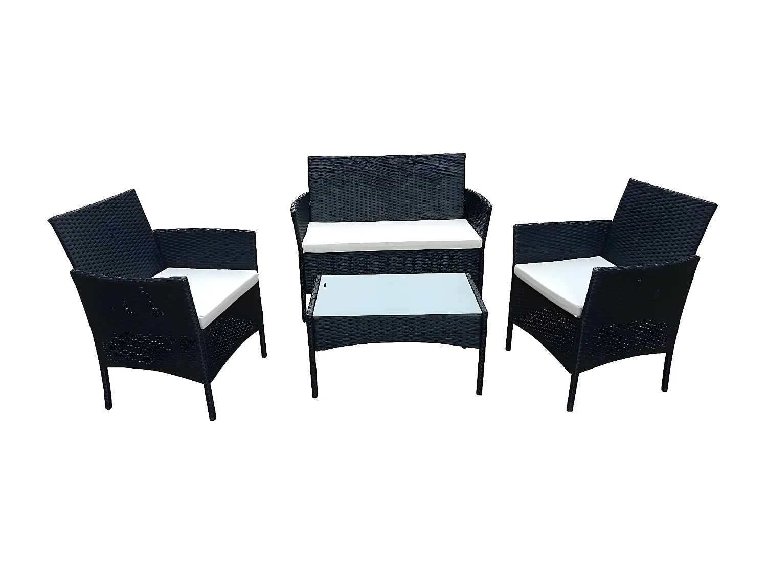 Conjunto de jardim "Toronto" em resina trançada preta de 4 lugares com mesa de vidro