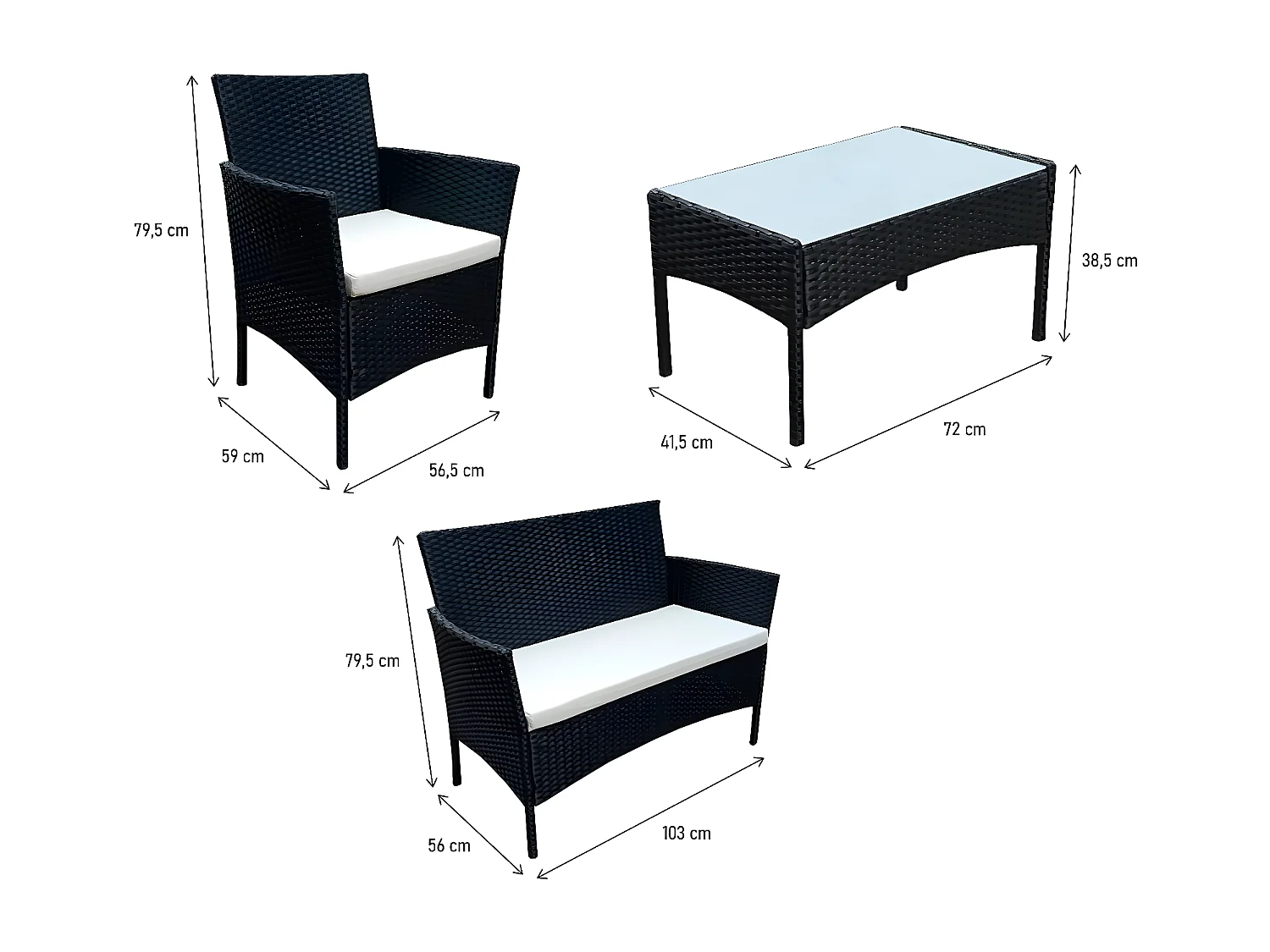 Conjunto de jardim "Toronto" em resina trançada preta de 4 lugares com mesa de vidro