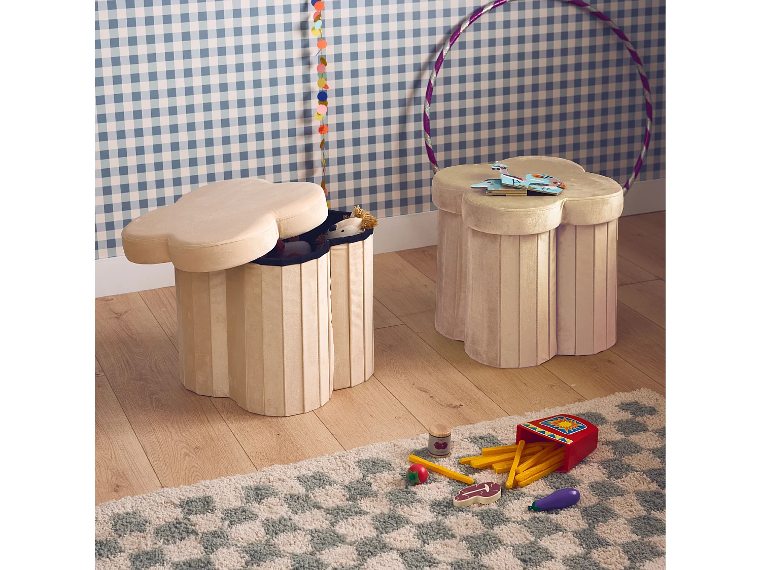 Taburete infantil plegable de terciopelo, set de 2 beige