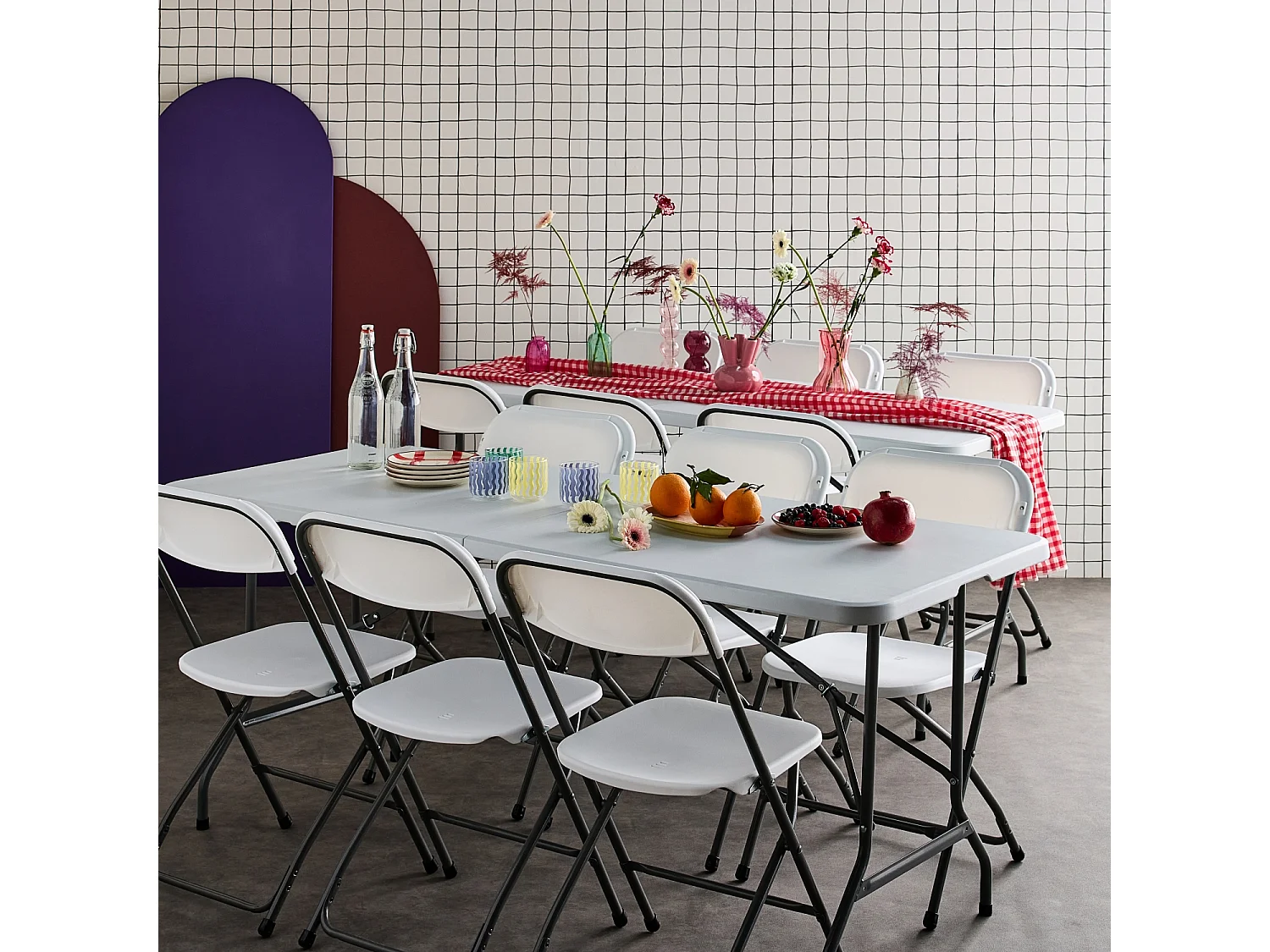 Set di 2 tavoli da ricevimento pieghevoli in plastica, 12 sedie,