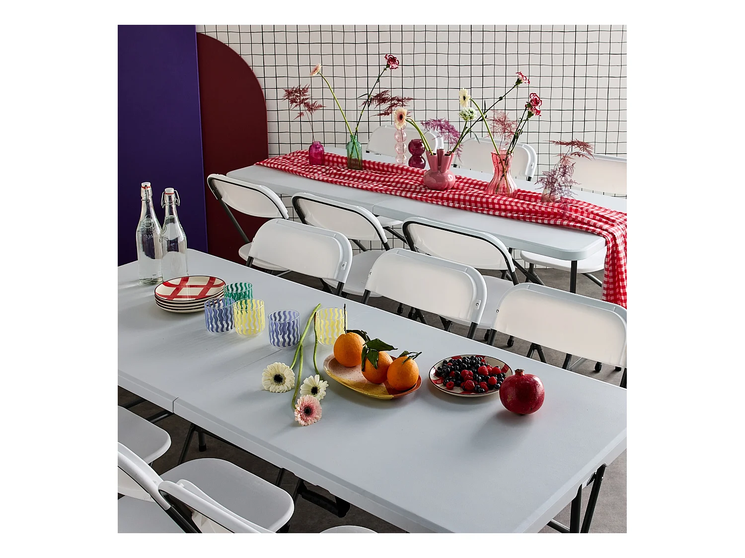 Set di 2 tavoli da ricevimento pieghevoli in plastica, 12 sedie,