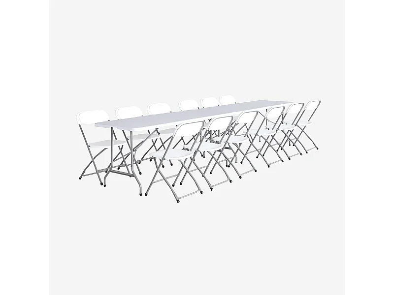 Lot de 2 tables de réception pliables en plastique blanc 180cm + 12 chaises d'appoint. table de camping