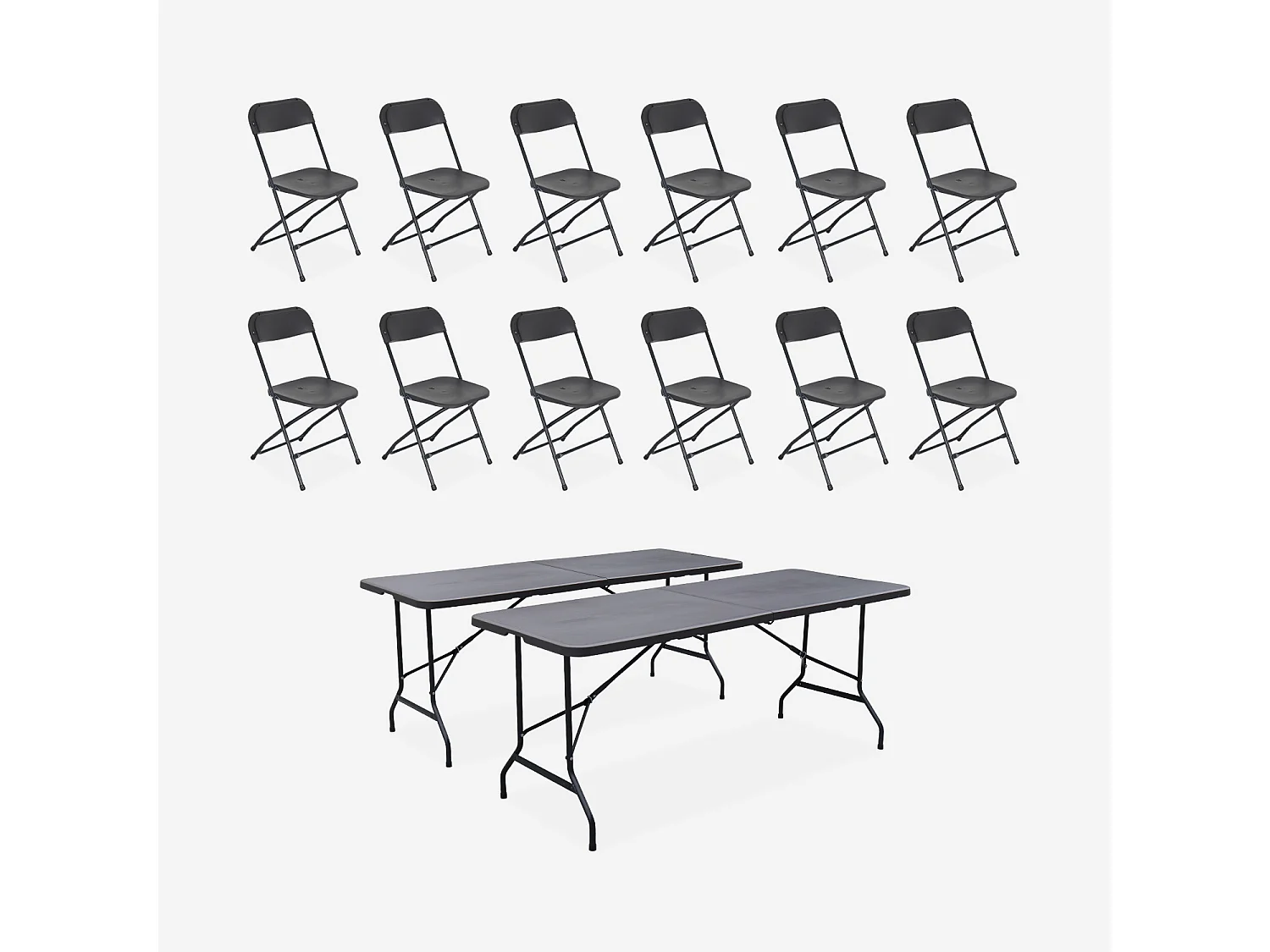 Lot de 2 tables de réception pliables en plastique gris 180cm + 12 chaises d'appoint. table de camping
