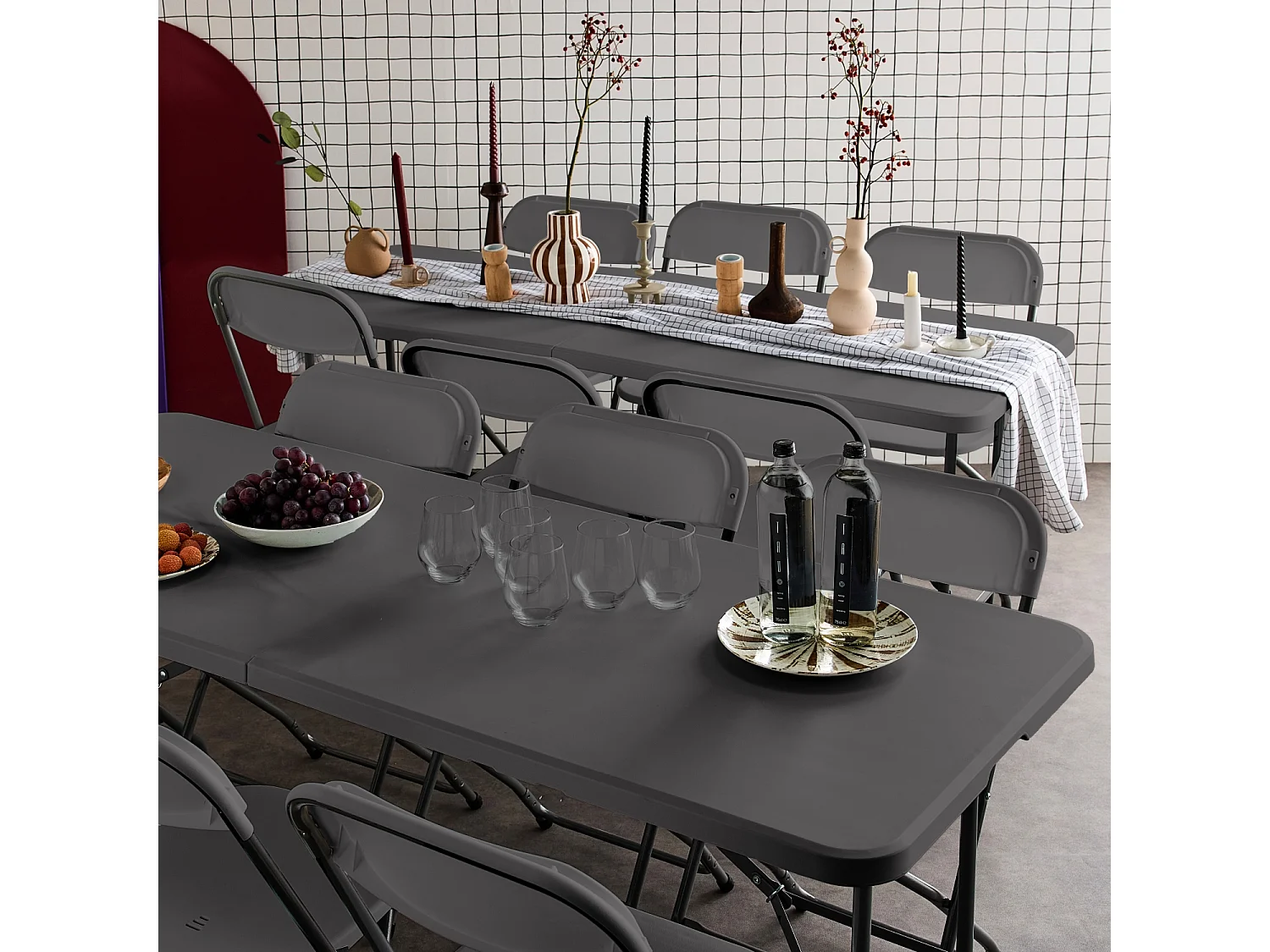 Lot de 2 tables de réception pliables en plastique gris 180cm + 12 chaises d'appoint. table de camping