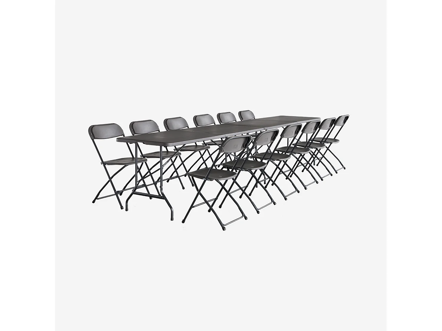 Lot de 2 tables de réception pliables en plastique gris 180cm + 12 chaises d'appoint. table de camping