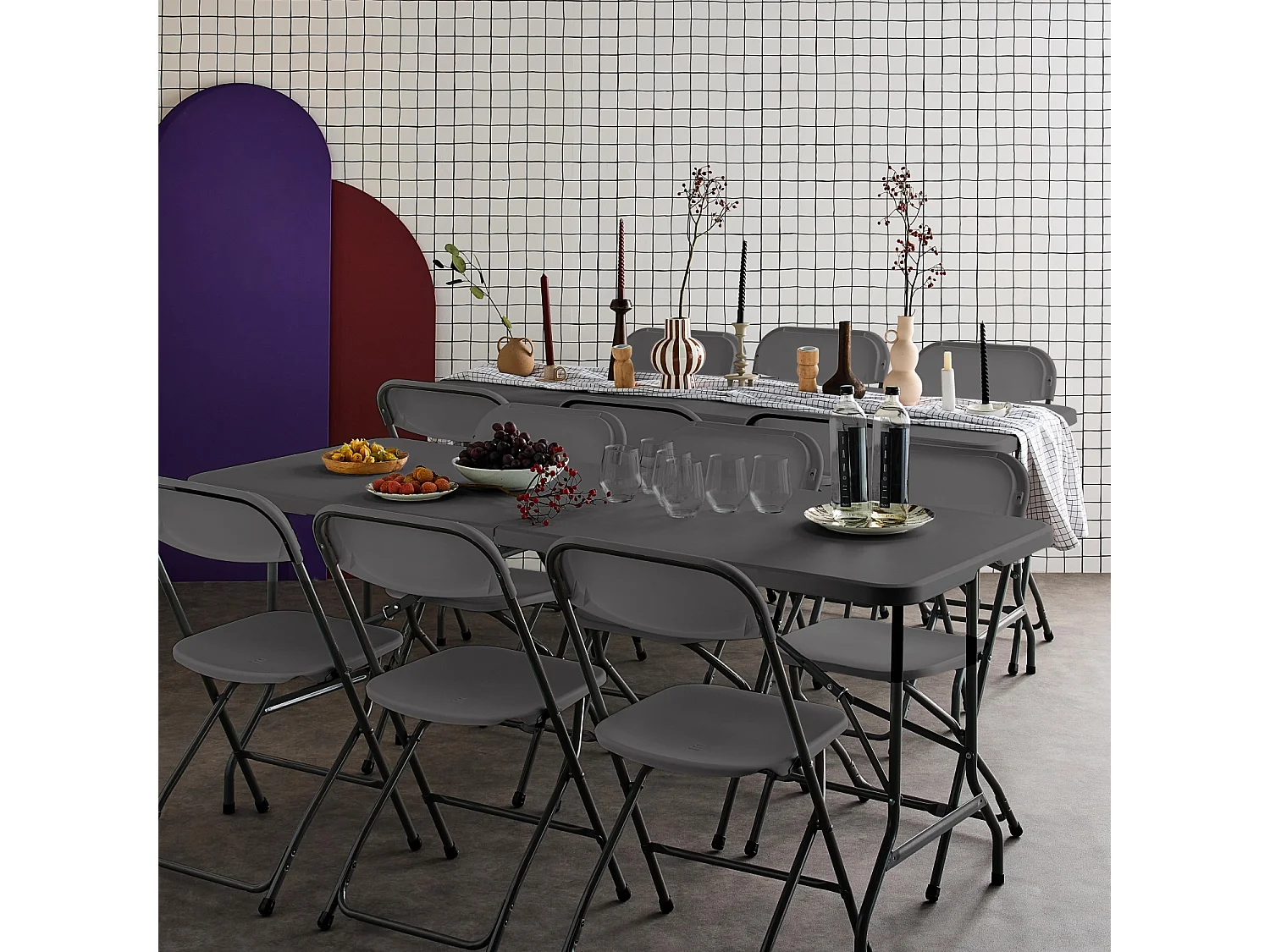 Lot de 2 tables de réception pliables en plastique gris 180cm + 12 chaises d'appoint. table de camping