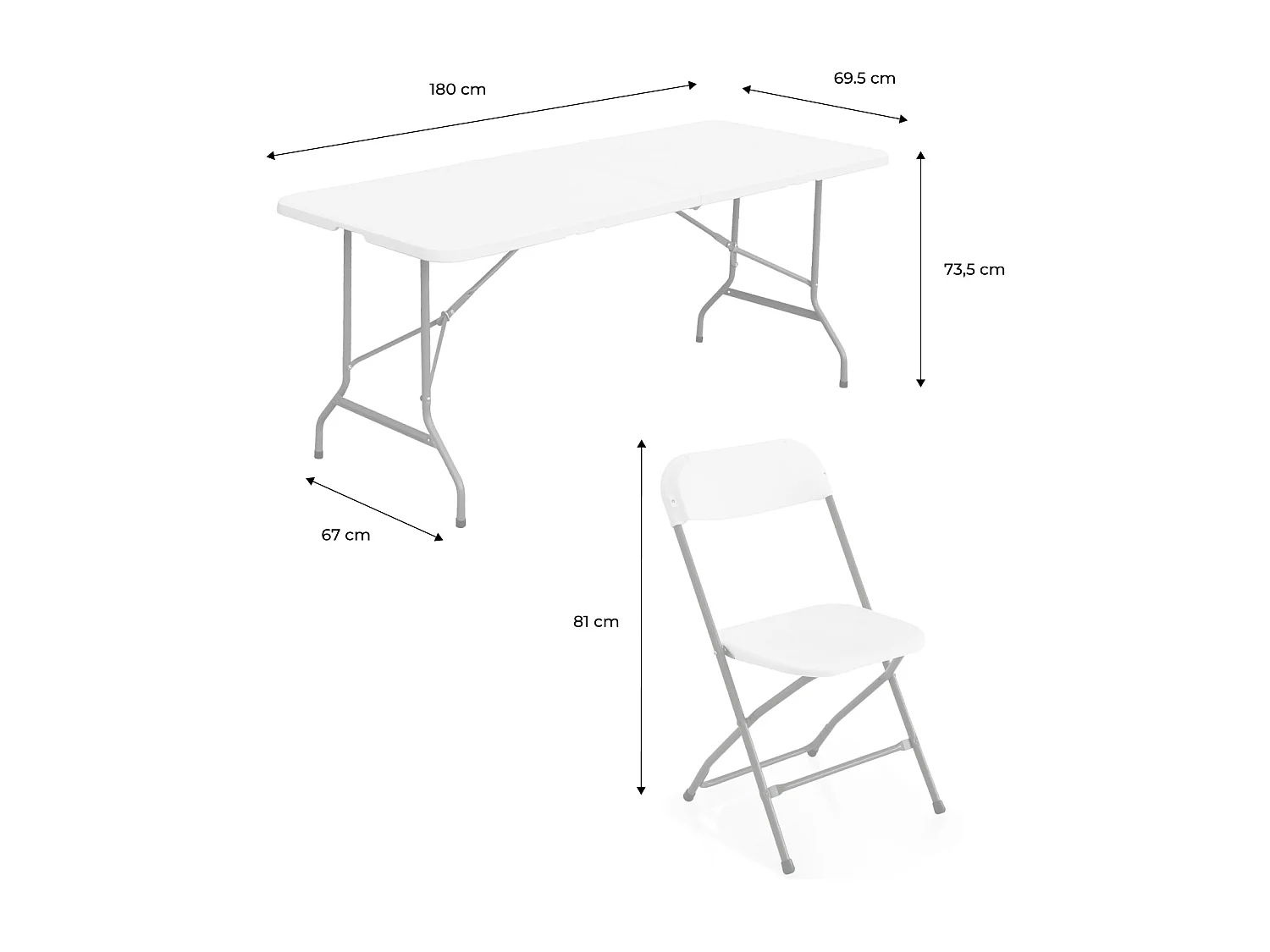 Lot de 2 tables de réception pliables en plastique gris 180cm + 12 chaises d'appoint. table de camping
