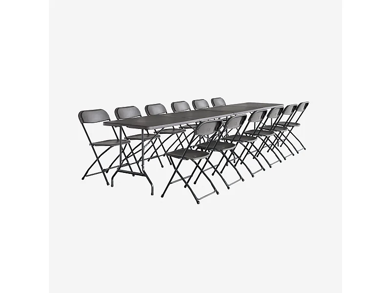 Set de 2 mesas + 12 sillas plegables portátiles para eventos gris