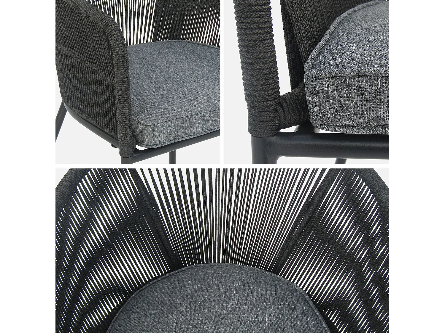 Table intérieur/extérieur bois d'acacia + 4 assises en corde noir et acier