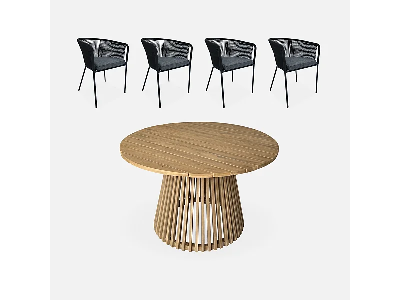 Table intérieur/extérieur bois d'acacia + 4 assises en corde noir et acier