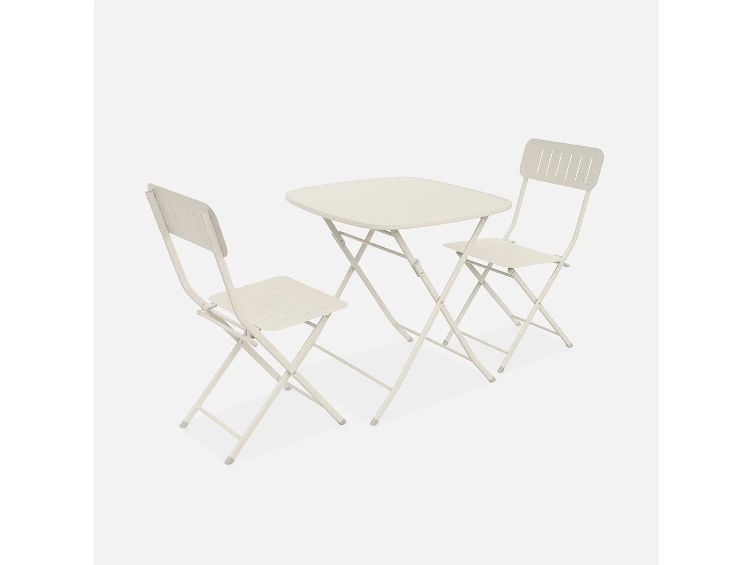 Table de jardin type bistrot pliable beige avec 2 chaises également pliables en acier galvanisé robuste