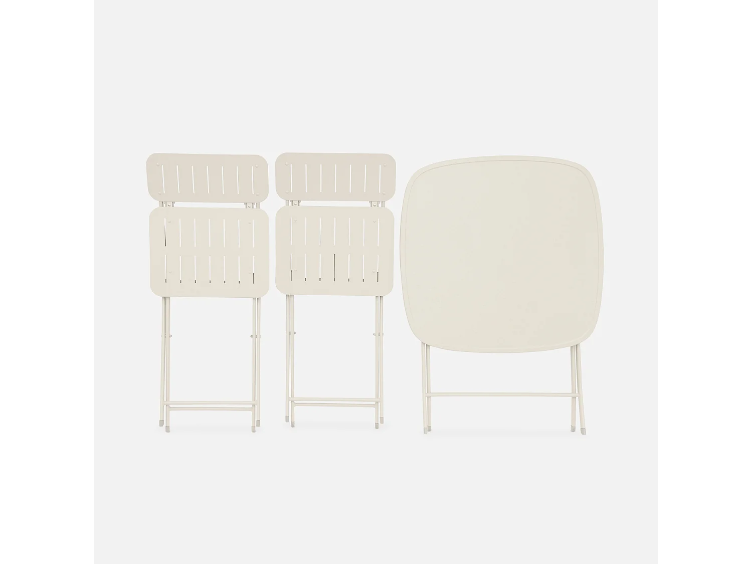 Table de jardin type bistrot pliable beige avec 2 chaises également pliables en acier galvanisé robuste