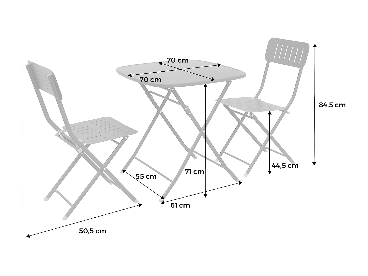 Table de jardin type bistrot pliable beige avec 2 chaises également pliables en acier galvanisé robuste