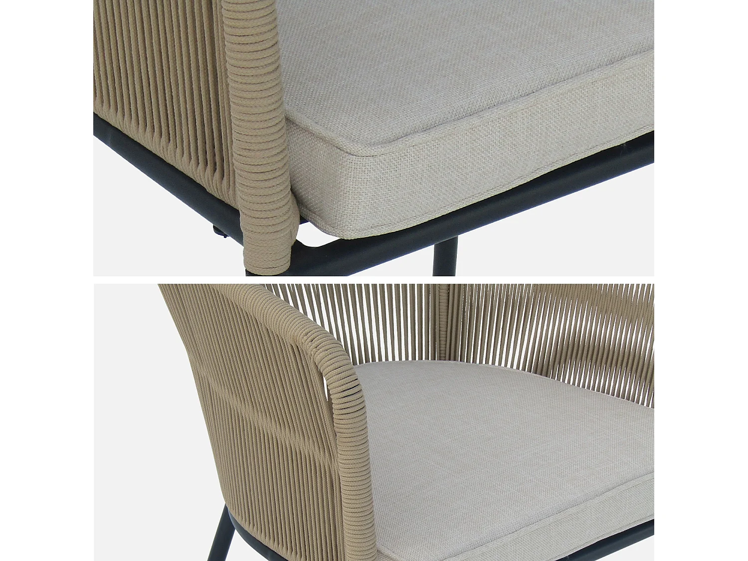 Set tavolo da pranzo rotondo in legno con 4 poltrone in corda, beige