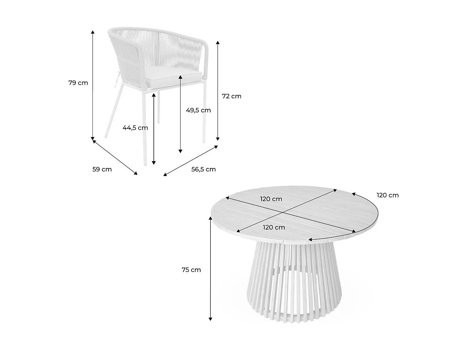 Set tavolo da pranzo rotondo in legno con 4 poltrone in corda, beige
