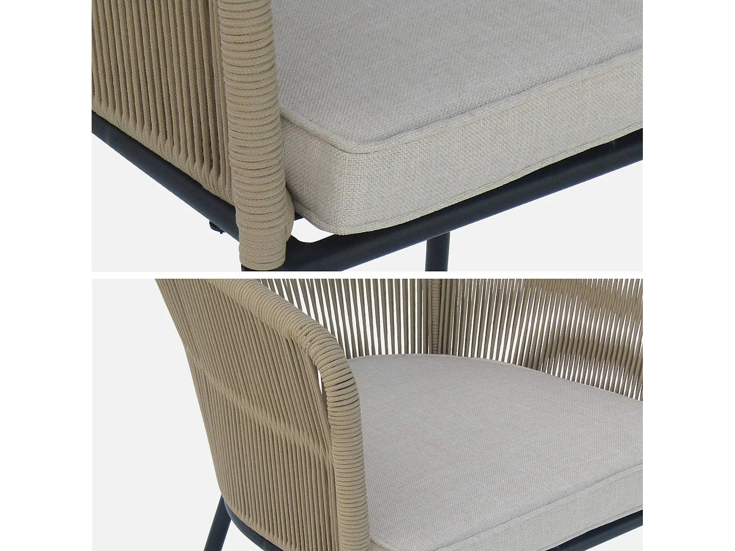 Set tavolo da pranzo rotondo in legno con 4 poltrone in corda, Oviedo + Santos, Beige, 120x120x75 cm