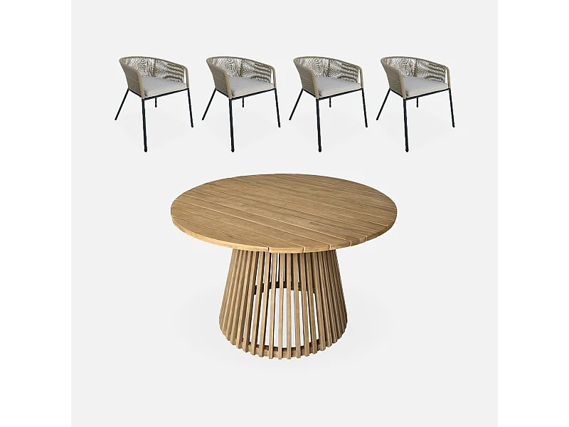 Set tavolo da pranzo rotondo in legno con 4 poltrone in corda, beige