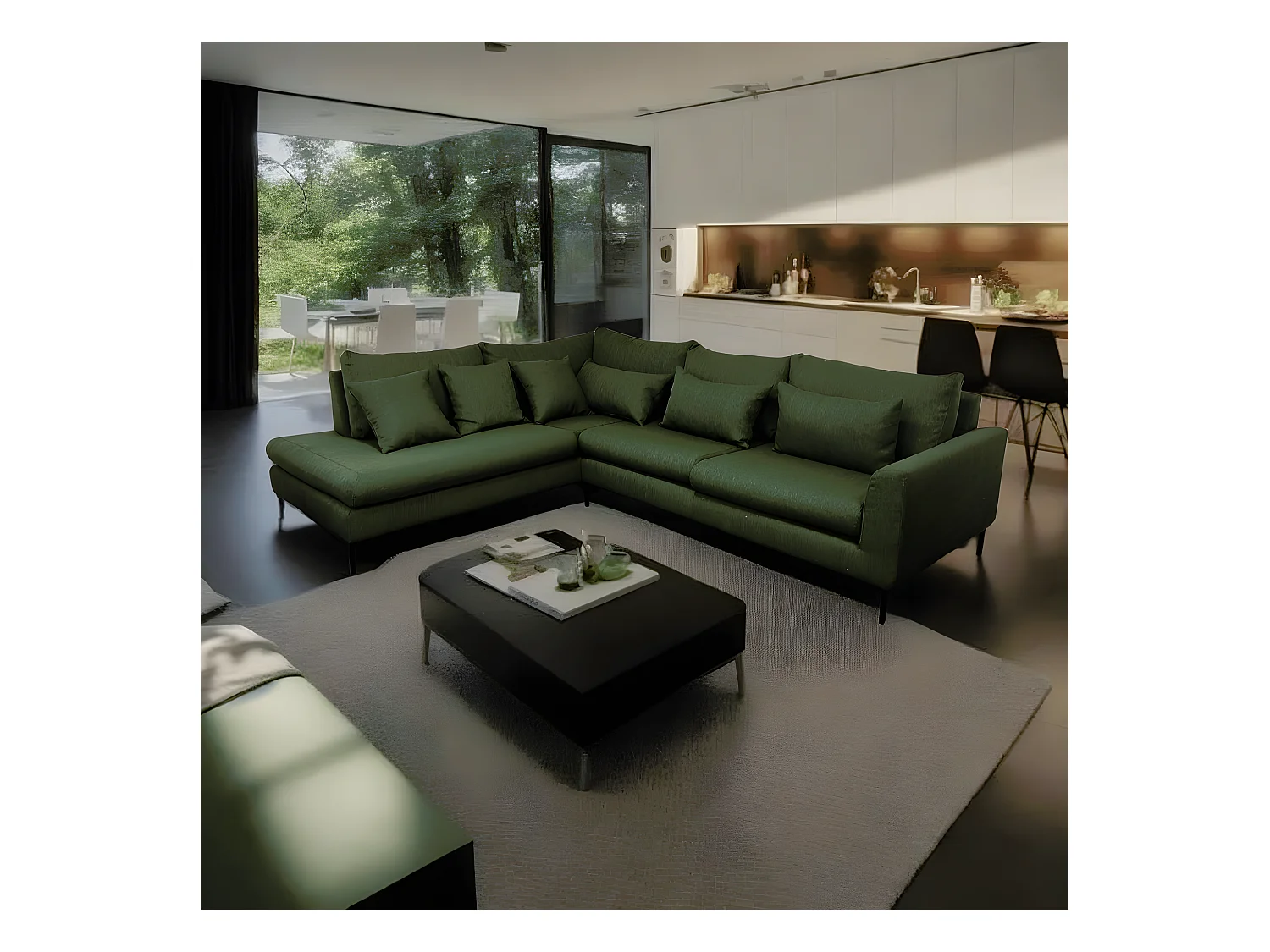 Canapé angle gauche Wilson 6 places tissu vert - 283x225cm