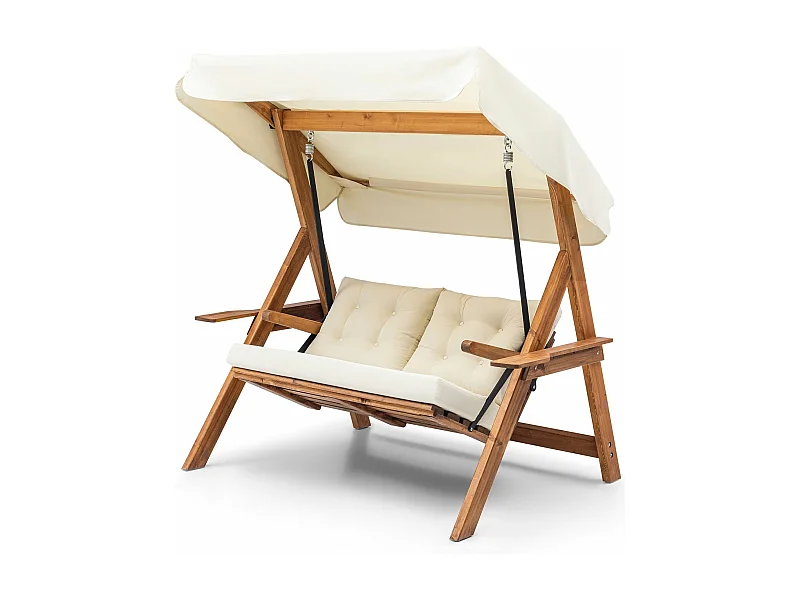 Balançoire de jardin 2 places Amso Pin massif clair et Tissu capitonné imperméable Blanc crème