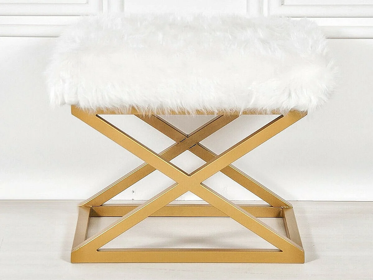 Tabouret style industriel Lemed Métal Or et Tissu peluche Blanc