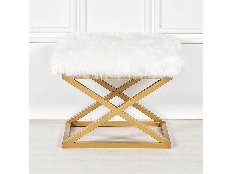 Tabouret style industriel Lemed Métal Or et Tissu peluche Blanc