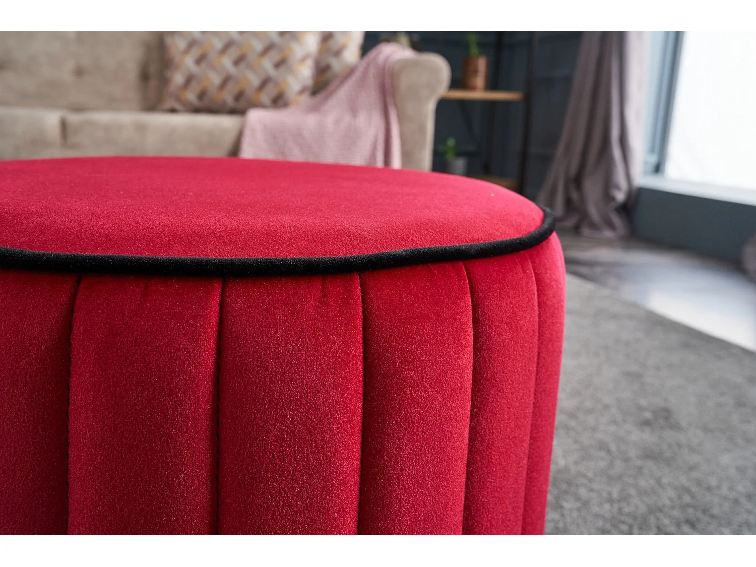 Tabouret Jima D40cm Bois foncé et Velours Rouge et Noir